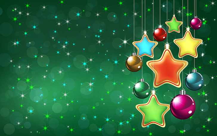разноцветные безделушки и звездные обои, праздник, Новый год, зеленый фон, новогодние украшения, HD обои