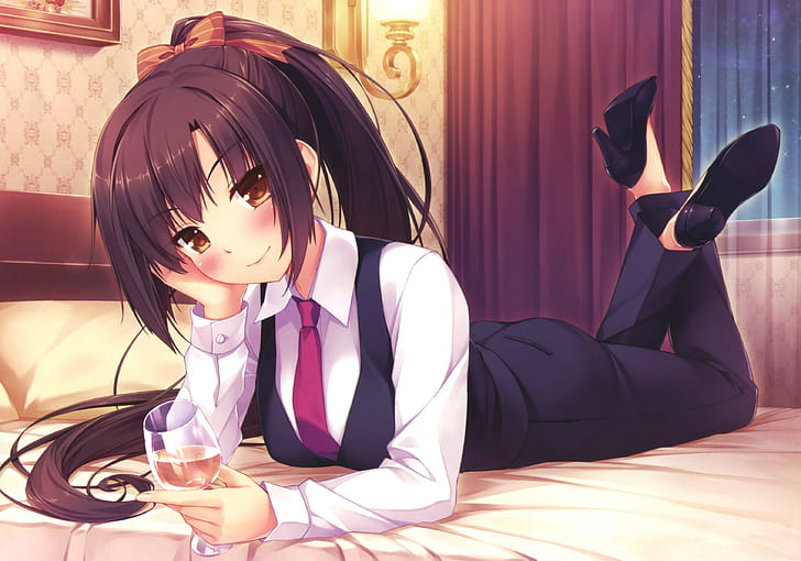 Anime, Anime Girls, Business-Anzug, Brünette, lange Haare, braune Augen, trinken, HD-Hintergrundbild