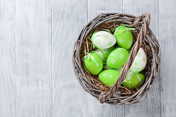 Easter, basket, wood, spring, eggs, decoration, Happy, the painted eggs, HD wallpaper