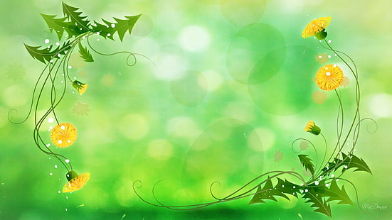 Febbre di Delion, primavera, erba, dente di leone, fiore, foglie, estate, bokeh, verde, 3d ed estratto, Sfondo HD HD wallpaper