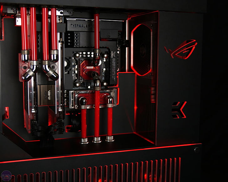 red and black computer tower, computer, ASUS, PC gaming, technology, water cooling, HD wallpaper