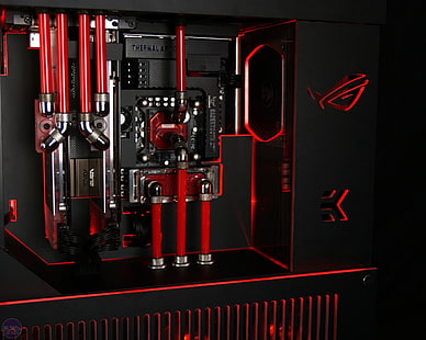 красно-черная компьютерная башня, компьютер, ASUS, компьютерные игры, технологии, водяное охлаждение, HD обои HD wallpaper