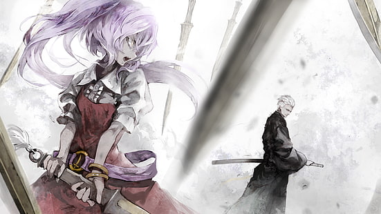 purple-haired female in red dress holding sword in front of male wearing traditional suit and holding katana anime character digital wallpaper, Touhou, video games, anime girls, Vergil, Devil May Cry, Watatsuki no Yorihime, long hair, short hair, weapon, sword, katana, purple hair, Japanese clothes, crossover, open mouth, yellow eyes, Onozuka Komachi, HD wallpaper HD wallpaper