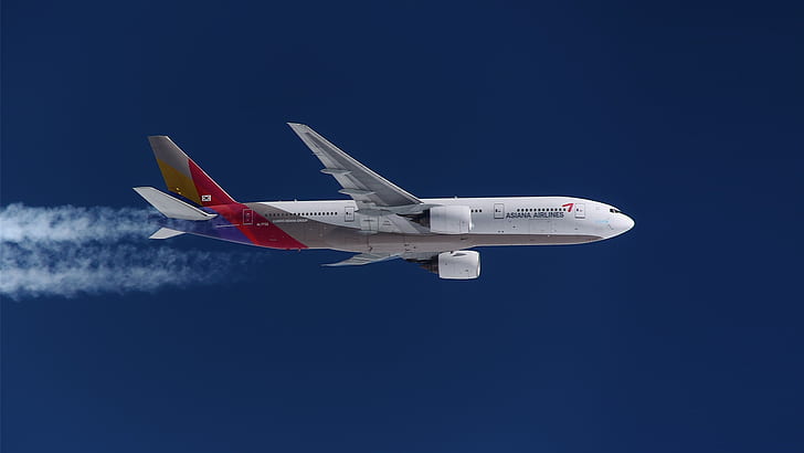 Pesawat, Boeing 777, Dalam penerbangan, Contrail, Asiana Airlines, Wallpaper HD