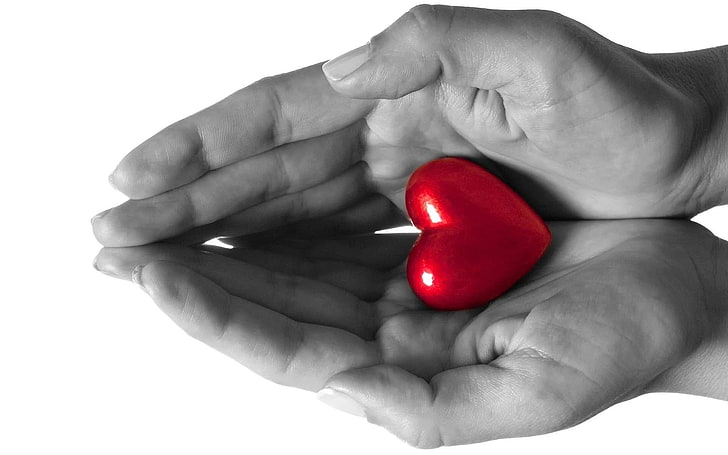 red heart ornament, love, heart, hands, feeling, HD wallpaper