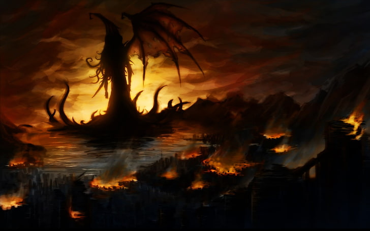 dragon and fire digital wallpaper, Cthulhu, horror, creature, artwork, apocalyptic, H. P. Lovecraft, HD wallpaper