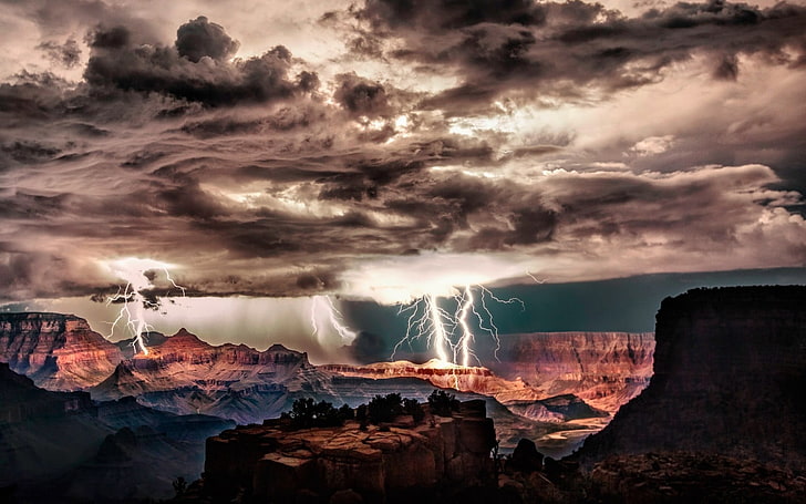 brown cliff, Grand Canyon, lightning, storm, clouds, night, cliff, erosion, nature, landscape, HD wallpaper