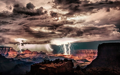 brown cliff, Grand Canyon, lightning, storm, clouds, night, cliff, erosion, nature, landscape, HD wallpaper HD wallpaper