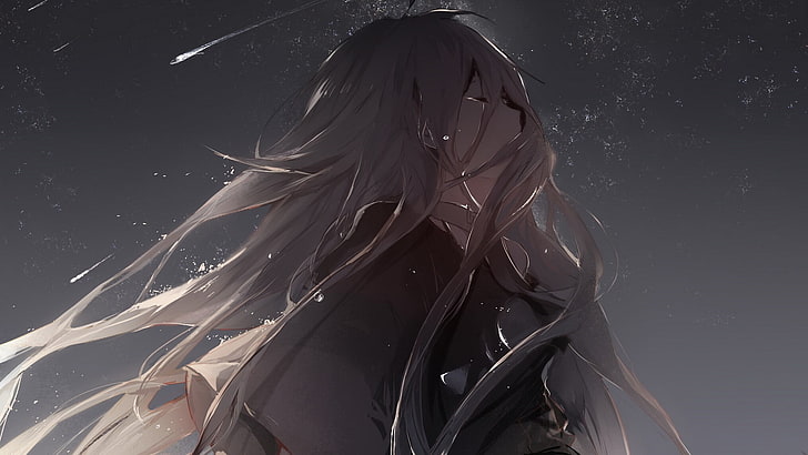 female blonde hair character, gray-haired anime character illustration, Vocaloid, IA (Vocaloid), anime girls, long hair, gray hair, closed eyes, tears, crying, sky, night, choker, stars, HD wallpaper