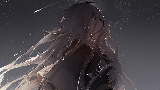 female blonde hair character, gray-haired anime character illustration, Vocaloid, IA (Vocaloid), anime girls, long hair, gray hair, closed eyes, tears, crying, sky, night, choker, stars, HD wallpaper HD wallpaper