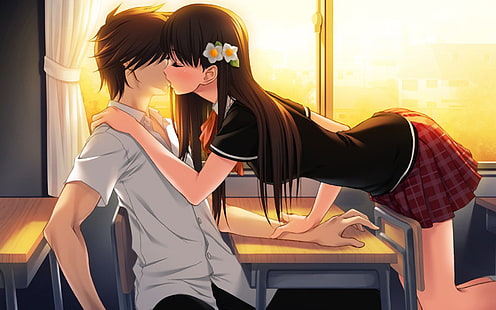момче и момиче целувка илюстрация, аниме момчета, цвете в коса, аниме момичета, целуване, аниме, HD тапет HD wallpaper