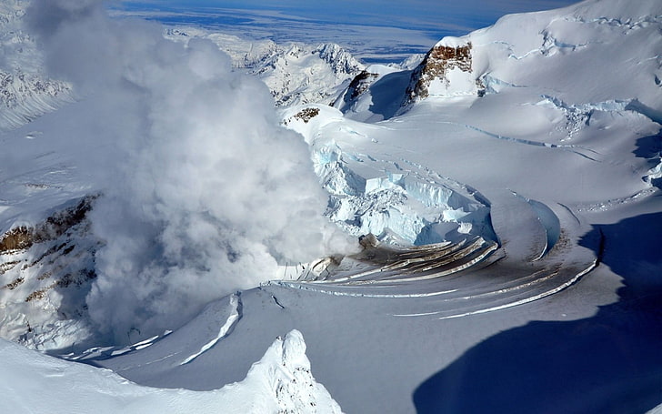 snow covered mountain, landscape, Alaska, snow, vapor, volcano, eruption, HD wallpaper