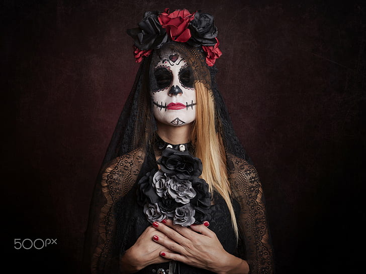 kobiety, czaszka, blondynka, Dia de los Muertos, Tapety HD