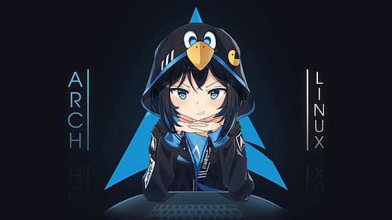  anime, anime girls, technology, Software, Arch Linux, dark background, white skin, blue eyes, fan art, HD wallpaper HD wallpaper