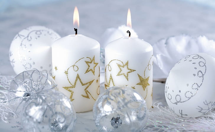 елочные украшения, свечи, огонь, праздник, новый год, рождество, елочные украшения, свечи, огонь, праздник, новый год, рождество, HD обои