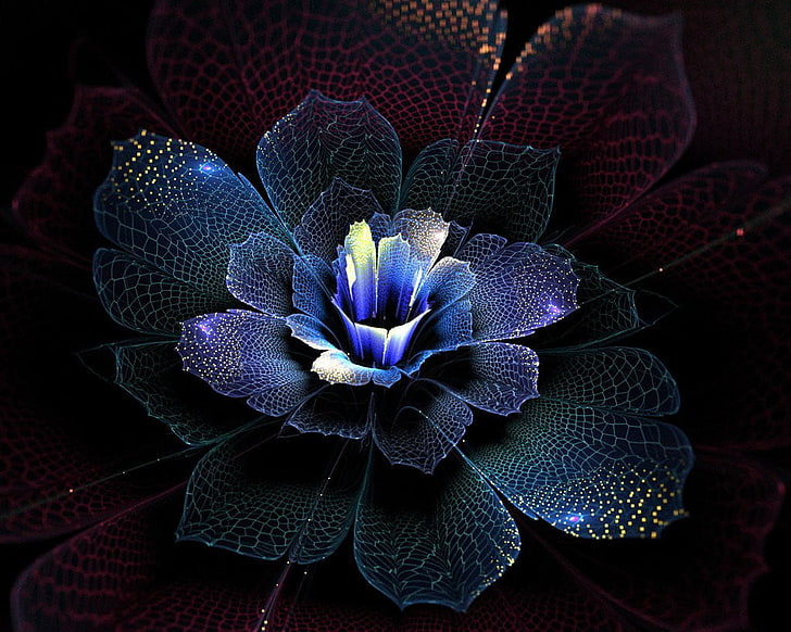 ilustracja niebieski i bordowy kwiat, streszczenie, fraktal, fraktalne kwiaty, Tapety HD