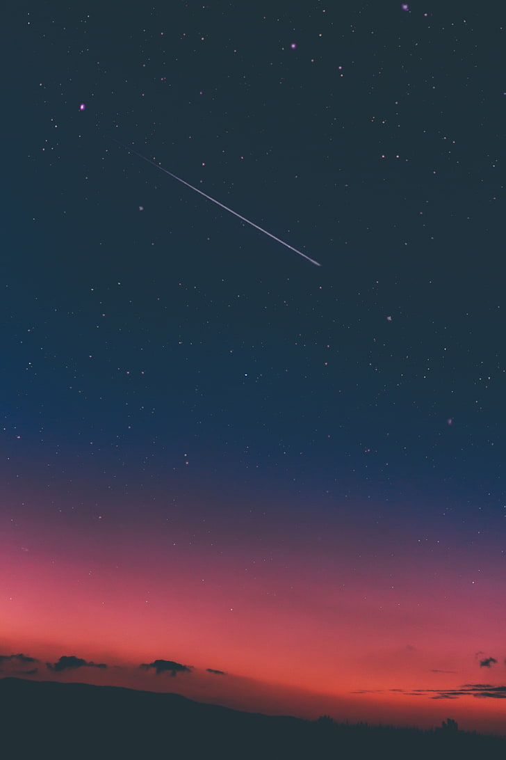 природа, звёзды, падающие звёзды, восход, горизонт, пурпурное небо, HD обои, телефон обои