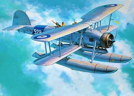 o avião, arte, bombardeiro, britânico, WW2., torpedo, Fairey Swordfish, HD papel de parede HD wallpaper