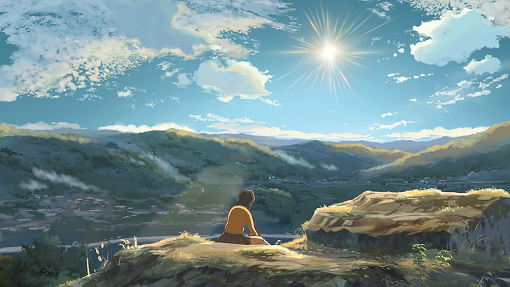 anime, landscape, Hoshi wo Ou Kodomo, anime girls, sky, Sun, clouds, Children Who Chase Lost Voices, HD wallpaper