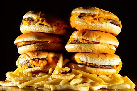 Papas fritas, hamburguesas, comida, queso cheddar, Fondo de pantalla HD HD wallpaper