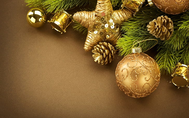 Natale, Capodanno, ornamenti natalizi, coni, foglie, decorazioni, Sfondo HD