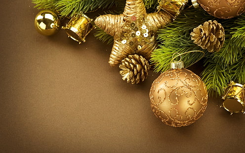 Noël, Nouvel An, décorations de Noël, cônes, feuilles, décorations, Fond d'écran HD HD wallpaper