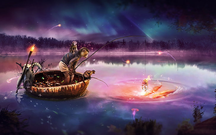 Divertidos animales canotaje, ilustración de barco marrón, gracioso, animal, pescado, dorado, mono, canotaje, Fondo de pantalla HD
