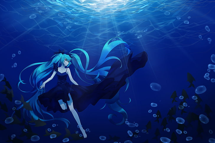 Miku Hatsune, Hatsune Miku, Vocaloid, Meer, Unterwasser, Aquahaar, Twintails, HD-Hintergrundbild