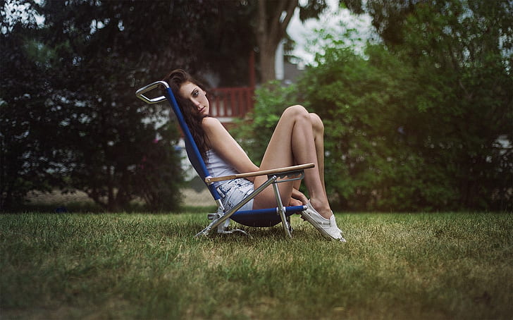 grass chairs Wallpaper, sitting, chairs, jean shorts, girl, Model, grass, HD wallpaper