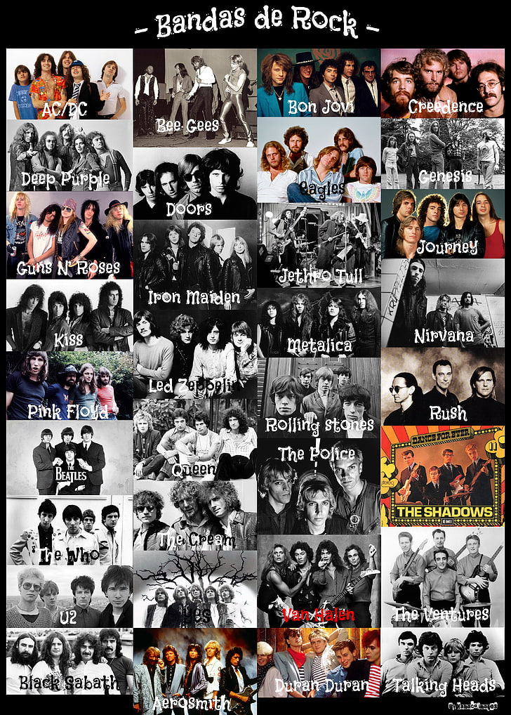 Ilustracja Bandas de Rock, Photoshop, ludzie, mężczyźni, zespół, plakat, muzyka, AC / DC, Bon Jovi, Creedence, Deep Purple, The Doors, Guns N 'Roses, Iron Maiden, Kiss (muzyka), Metalica, Nirvana, Led Zeppelin, Pink Floyd, Rolling Stones, The Beatles, The Police, The Shadows, Van Halen, U2, Aerosmith, Duran Duran, The Ventures, Jethro Tull, The Who, Bee Gees, rock progresywny, heavy metal, thrash metal, hard rock , nowa fala, rock alternatywny, post-punk, muzyka pop, muzyka rockowa, muzyka metalowa, zespoły rockowe, zespół metalowy, blues rock, Glam Metal, shock rock, pop rock, reggae rock, Black Sabbath, tak, Tapety HD, tapety na telefon