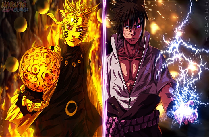 Naruto and Saske illustration, Anime, Naruto, Naruto Uzumaki, Sasuke Uchiha, HD wallpaper