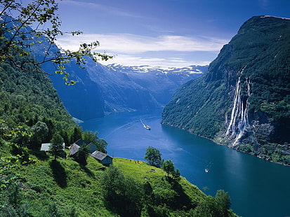 Norvegia paesaggio, fiordo, montagne, fiume, nave, casa, cascate, Norvegia, paesaggio, fiordo, montagne, fiume, nave, casa, cascate, Sfondo HD HD wallpaper