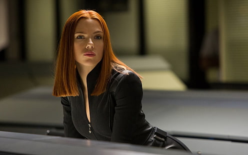 Scarlett Johansson, Black Widow, Captain America: The Winter Soldier, kvinnor, skådespelerska, svart kostym, rödhårig, HD tapet HD wallpaper