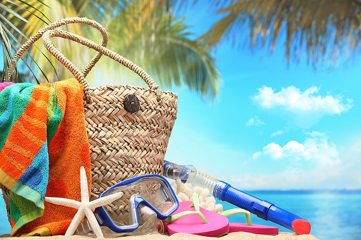 par de chinelos rosa e verde, mar, praia, verão, o sol, estadia, férias, sol, acessórios, HD papel de parede