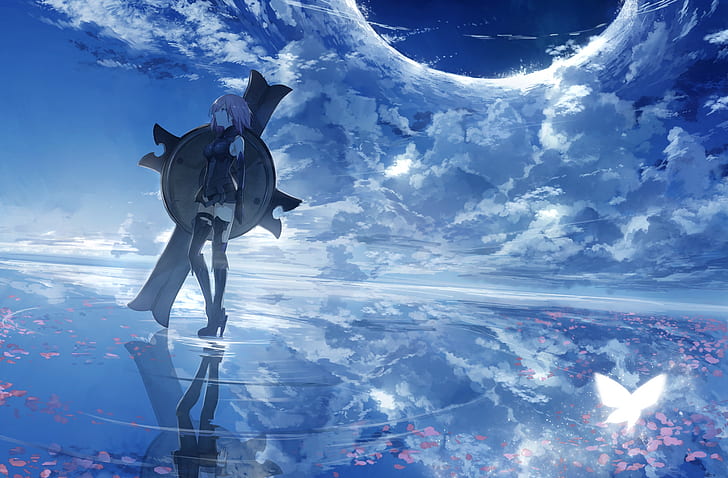 gadis anime, anime, Anime Grasoso, langit, gadis fantasi, refleksi, awan, biru, Shielder (Fate / Grand Order), Wallpaper HD