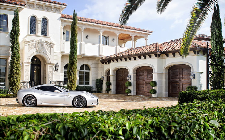 silver couipe, Villa, Ferrari, mansion, Ferrari California, HD wallpaper