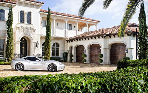 silver couipe, Villa, Ferrari, mansion, Ferrari California, HD wallpaper HD wallpaper