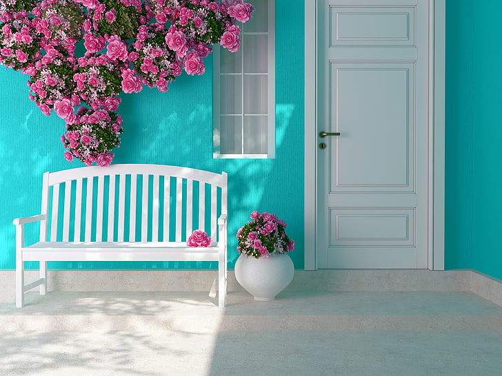 白い木製の屋外ベンチ、花、バラ、インテリア、ドア、窓、ショップ、 HDデスクトップの壁紙