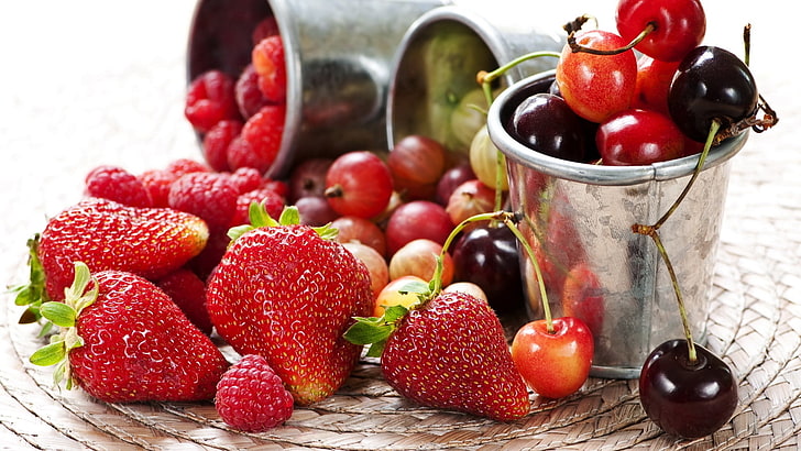 куп ягоди и череши, ягоди, череши, цариградско грозде, малини, горски плодове, HD тапет