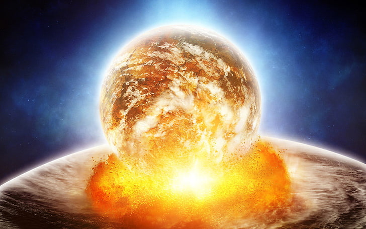 Funerium Space, Explosion und roten Planeten digitale Tapete, 3D, Weltraum, Welt, erstaunlich, gelb, Feuer, HD-Hintergrundbild