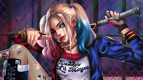 Harley Quinn, DC Comics, Suicide Squad, bate de béisbol, mirando al espectador, ojos azules, Fondo de pantalla HD HD wallpaper