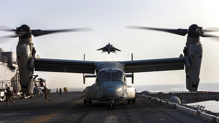 военен самолет, самолетоносач, Boeing-Bell V-22 Osprey, самолет, AV-8B Harrier II, HD тапет