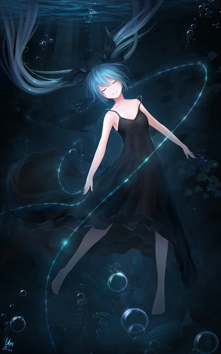 Vocaloid, Hatsune Miku, long hair, twintails, black dress, ribbon, underwater, fish, anime girls, anime, HD wallpaper