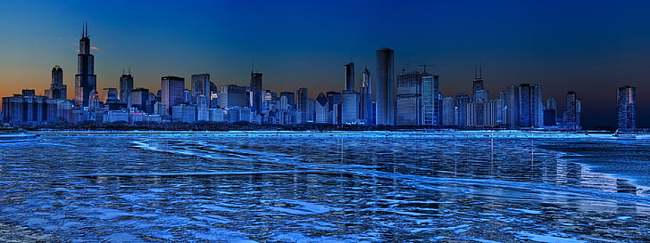bâtiments de la ville, bleu, hiver, glace, gratte-ciel, panorama, Fond d'écran HD