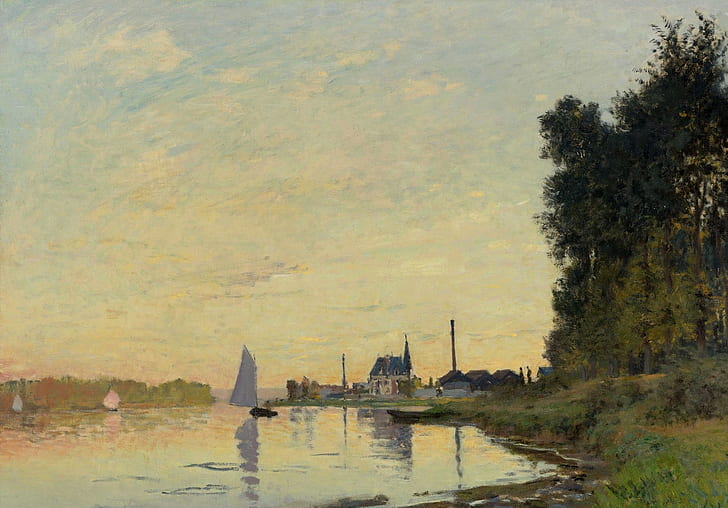 paysage, rivière, bateau, photo, voile, Claude Monet, Argenteuil.Tard dans la soirée, Fond d'écran HD