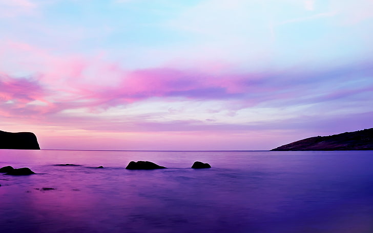 weißes und schwarzes Boot auf Gewässer, Meer, Landschaft, Wolken, Natur, Purpur, Himmel, Horizont, HD-Hintergrundbild