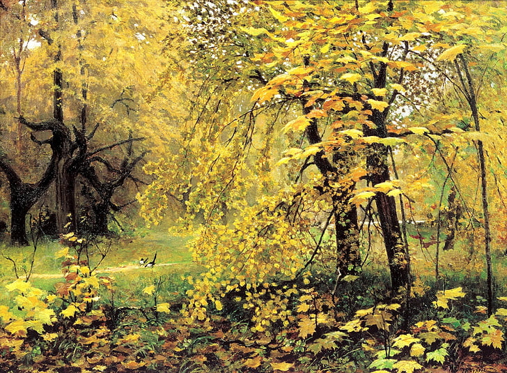 árbol de arce amarillo, bosque, paisaje, naturaleza, figura, imagen, pintura, otoño dorado, Ostroukhov, urracas, Fondo de pantalla HD