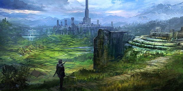 горы, The Elder Scrolls IV: Oblivion, видеоигры, цифровое искусство, концепт-арт, башня, воин, долина, фэн-чжу, пейзаж, RPG, меч, средневековый, лук, произведение искусства, Имперский город, HD обои HD wallpaper