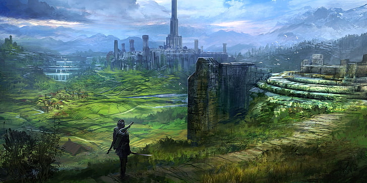 skärmdump skärmbild av grå tempel, man står nära gräs, The Elder Scrolls IV: Oblivion, videospel, RPG, Imperial City, konstverk, konceptkonst, digital konst, medeltida, båge, svärd, krigare, torn, dal, berg, landskap, feng zhu, HD tapet