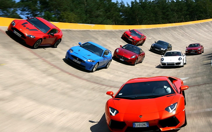 รถสปอร์ตสีแดง, รถยนต์, ซูเปอร์คาร์, Lamborghini Aventador, Jaguar XKR, Chevrolet Camaro SS, Mercedes-Benz SLS AMG, Nissan GT-R R35, วอลล์เปเปอร์ HD